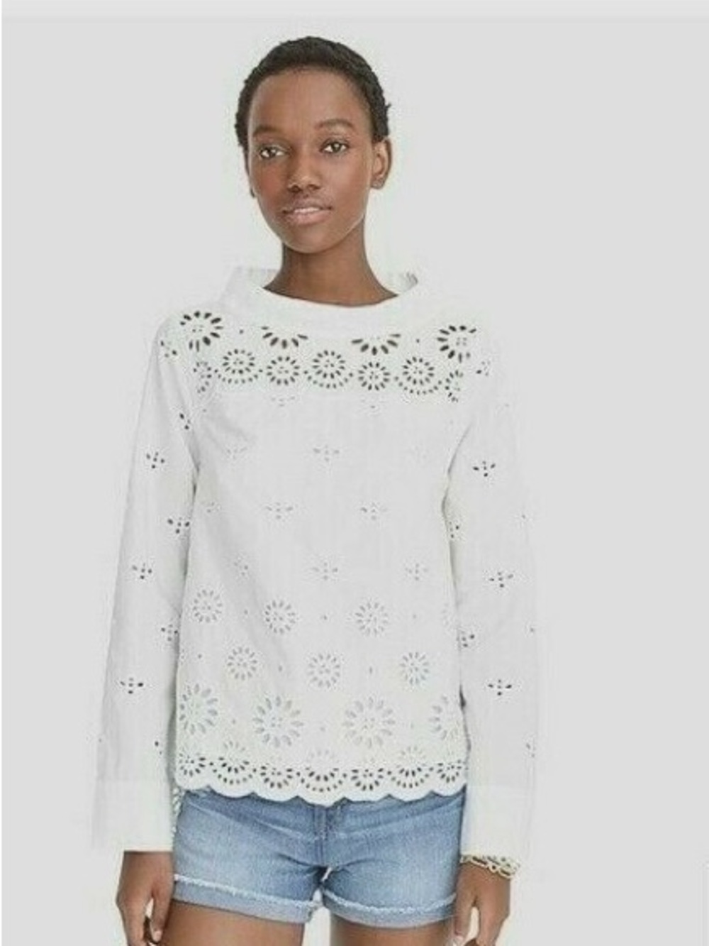 J Crew White Eyelet Long-Sleeve Cotton Top